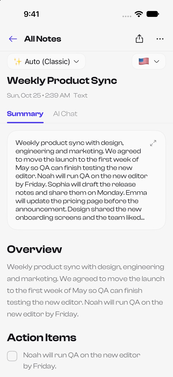 A summary in AI Note Taker